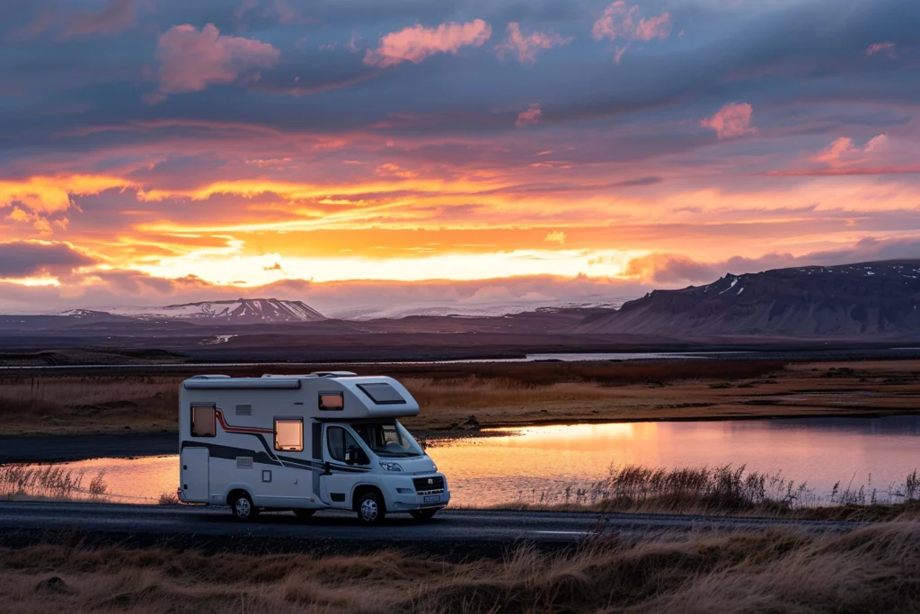 RV near lake and mountains